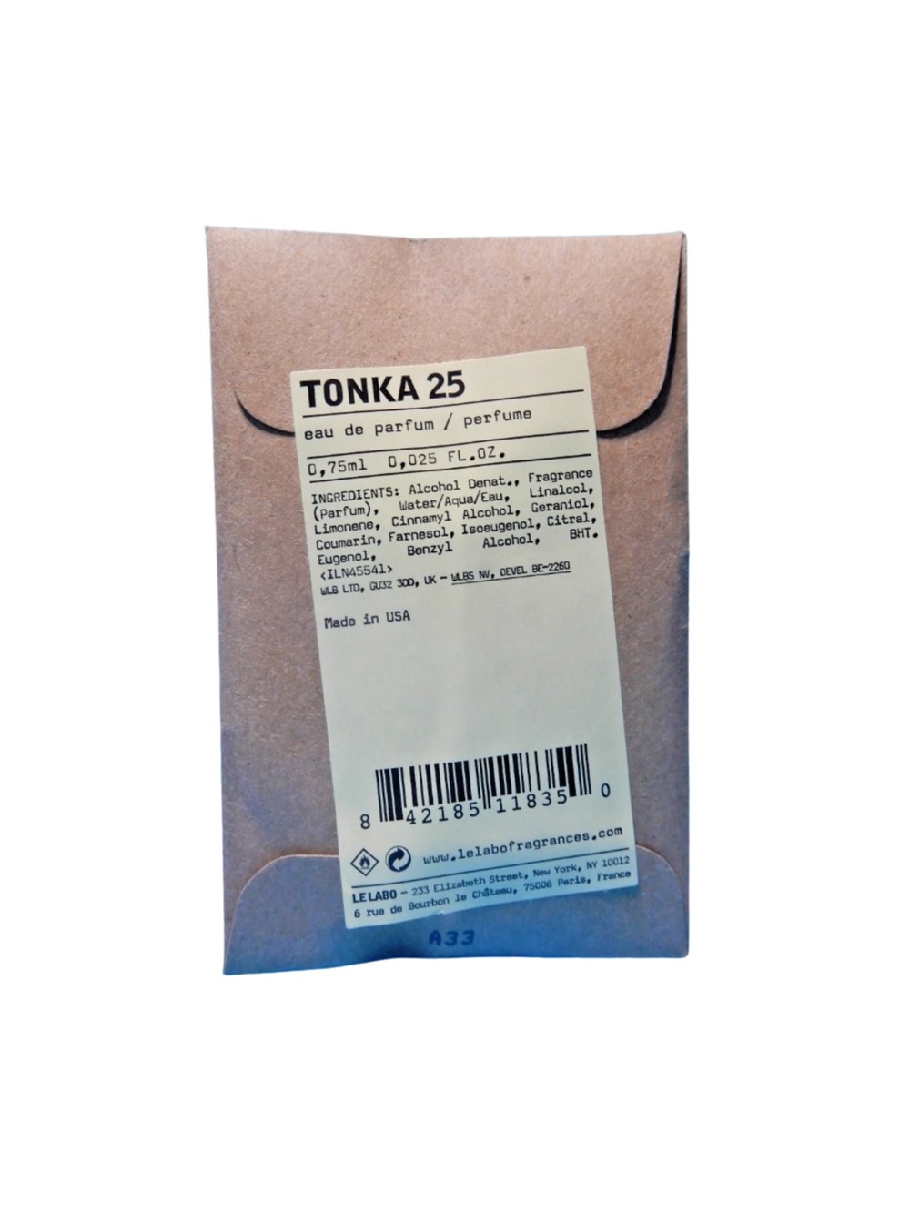 LE LABO TONKA 25 Sample in Sealed Envelope - .03 oz